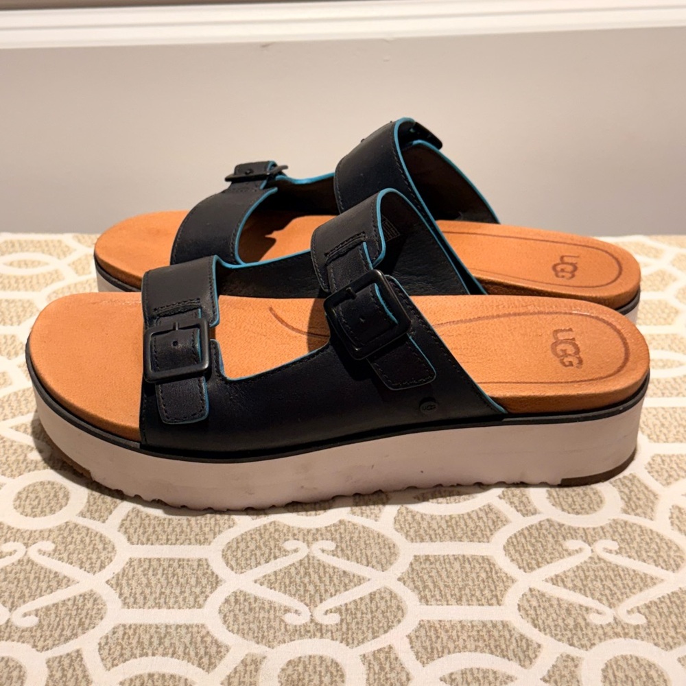 UGG HANNELI BLACK PLATFORM WEDGE LEATHER SLIPPERS 7.5.  worn only a few times. - Picture 4 of 9